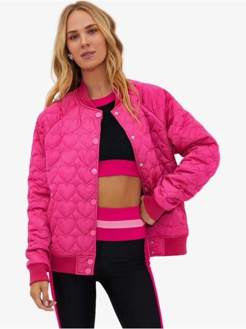 Beach Riot Hot Pink Quilted Heart Bomber Jacket